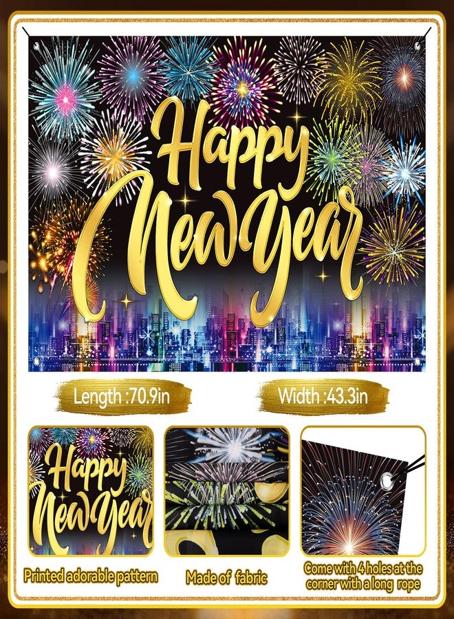 REDWORD Happy New Year 2026, Happy New Year Banner 71x44 Inch New Years Backdrop Reusable New Years Eve Party Supplies 2026 with Fireworks Pattern for New yea r Photo Booth Background Party Decorations - Image 3